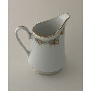 Vintage White Fine Porcelain Small 7 Ounces Creamer Gold Trimming and Flowers